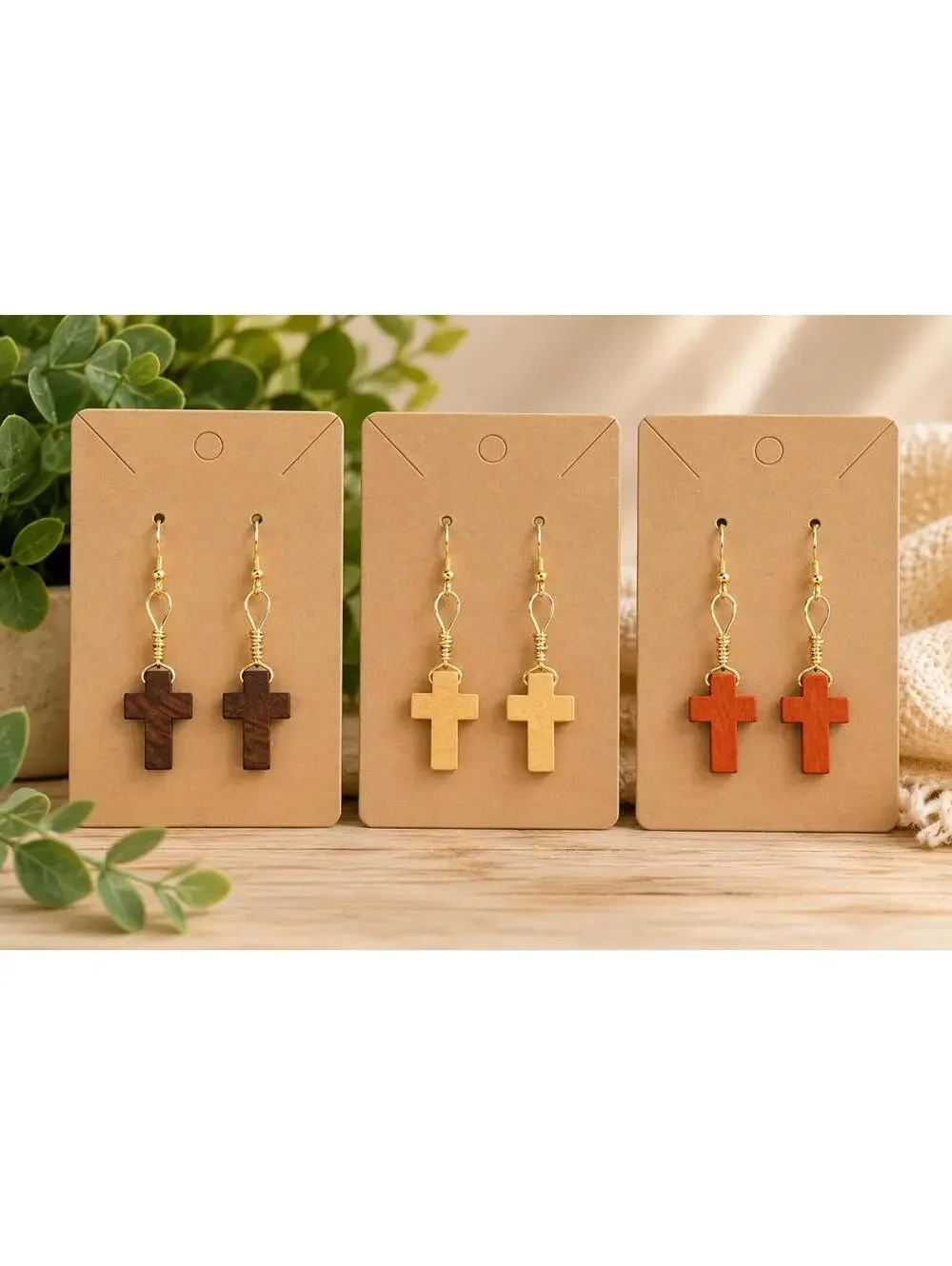 129 New Handmade 1 ct. Deep Brown Wood Cross Wrapped Wire Earrings R0000129